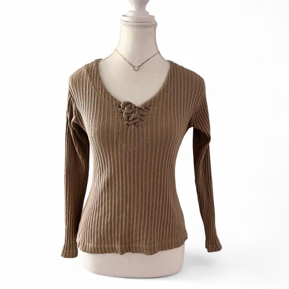 VOICE Vintage Y2K 100% Cotton Fromt Lace Up Long Sleeve Brown Top Size Small